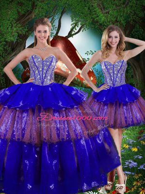 Most Popular Multi-color Sweetheart Lace Up Beading and Ruffled Layers and Sequins Quince Ball Gowns Sleeveless