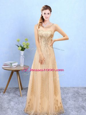 Organza Scoop Sleeveless Lace Up Beading and Appliques Dama Dress in Gold