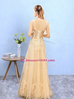 Organza Scoop Sleeveless Lace Up Beading and Appliques Dama Dress in Gold