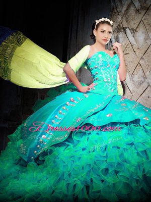 Flirting With Train Lace Up Sweet 16 Quinceanera Dress Turquoise for Military Ball and Sweet 16 and Quinceanera with Embroidery and Ruffles Brush Train