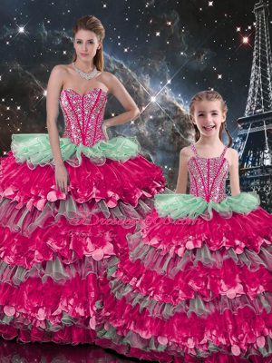 Multi-color Ball Gowns Beading and Ruffles Sweet 16 Dress Lace Up Organza Sleeveless Floor Length