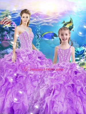 Artistic Sweetheart Sleeveless Ball Gown Prom Dress Floor Length Beading and Ruffles Lilac Organza