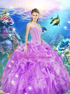 Artistic Sweetheart Sleeveless Ball Gown Prom Dress Floor Length Beading and Ruffles Lilac Organza