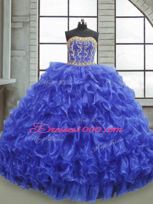 Royal Blue Organza Lace Up Quince Ball Gowns Sleeveless Floor Length Beading and Appliques and Ruffles