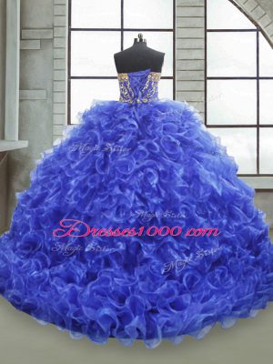 Royal Blue Organza Lace Up Quince Ball Gowns Sleeveless Floor Length Beading and Appliques and Ruffles