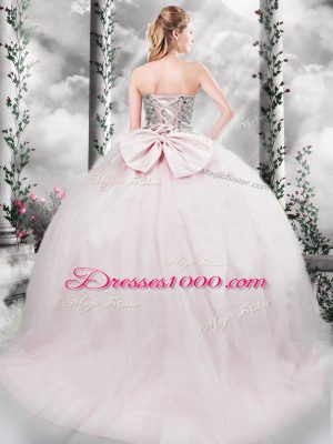 Hot Sale Tulle Sleeveless Quinceanera Gowns Brush Train and Beading and Bowknot