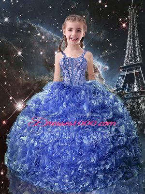 Trendy Blue Lace Up Little Girls Pageant Dress Wholesale Beading and Ruffles Sleeveless Floor Length