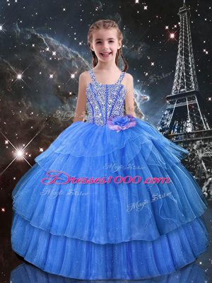 Light Blue Ball Gowns Organza Straps Sleeveless Beading and Ruffled Layers Floor Length Lace Up Little Girl Pageant Dress
