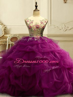 Fuchsia Scoop Lace Up Appliques and Ruffles and Sequins Vestidos de Quinceanera Sleeveless