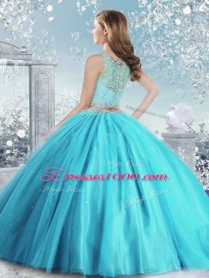 Custom Designed Ball Gowns Vestidos de Quinceanera Aqua Blue Scoop Tulle Sleeveless Floor Length Clasp Handle