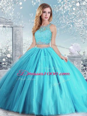 Custom Designed Ball Gowns Vestidos de Quinceanera Aqua Blue Scoop Tulle Sleeveless Floor Length Clasp Handle