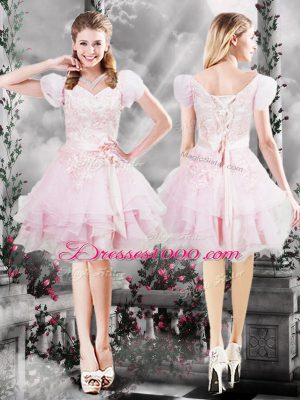 Baby Pink Short Sleeves Organza Lace Up for Prom and Party