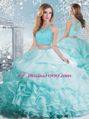 Aqua Blue Organza Clasp Handle Scoop Sleeveless Floor Length Quinceanera Gowns Beading and Ruffles and Pick Ups