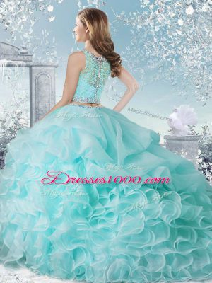 Aqua Blue Organza Clasp Handle Scoop Sleeveless Floor Length Quinceanera Gowns Beading and Ruffles and Pick Ups