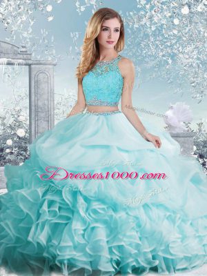 Aqua Blue Organza Clasp Handle Scoop Sleeveless Floor Length Quinceanera Gowns Beading and Ruffles and Pick Ups