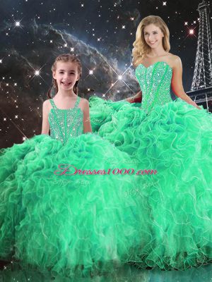 Green Sweetheart Lace Up Beading and Ruffles Quince Ball Gowns Sleeveless