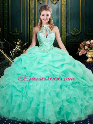 Halter Top Sleeveless Organza Quinceanera Dress Beading and Ruffles and Pick Ups Lace Up