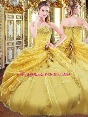 Lovely Gold Ball Gowns Strapless Sleeveless Taffeta Floor Length Lace Up Beading and Pick Ups 15 Quinceanera Dress