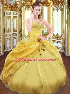 Lovely Gold Ball Gowns Strapless Sleeveless Taffeta Floor Length Lace Up Beading and Pick Ups 15 Quinceanera Dress