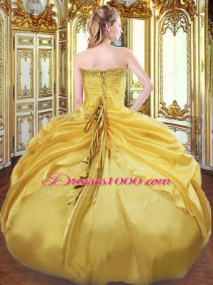 Lovely Gold Ball Gowns Strapless Sleeveless Taffeta Floor Length Lace Up Beading and Pick Ups 15 Quinceanera Dress