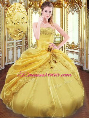 Lovely Gold Ball Gowns Strapless Sleeveless Taffeta Floor Length Lace Up Beading and Pick Ups 15 Quinceanera Dress