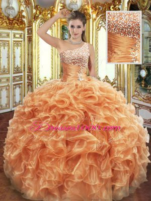 Dramatic Orange Organza Lace Up One Shoulder Sleeveless Floor Length Quinceanera Gowns Beading and Ruffles