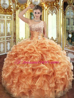 Dramatic Orange Organza Lace Up One Shoulder Sleeveless Floor Length Quinceanera Gowns Beading and Ruffles