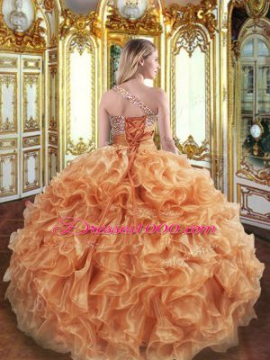 Dramatic Orange Organza Lace Up One Shoulder Sleeveless Floor Length Quinceanera Gowns Beading and Ruffles