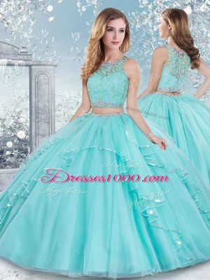 Graceful Aqua Blue Two Pieces Scoop Sleeveless Tulle Floor Length Clasp Handle Beading and Lace and Sashes ribbons Quinceanera Dresses