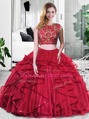 Most Popular Floor Length Wine Red Quince Ball Gowns Tulle Sleeveless Lace and Ruffles