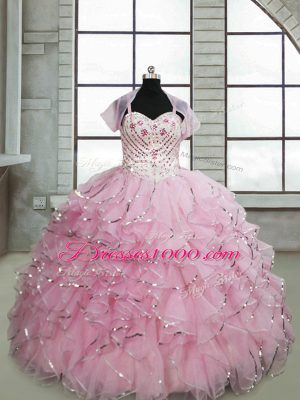 Baby Pink Little Girl Pageant Dress Spaghetti Straps Sleeveless Brush Train Lace Up