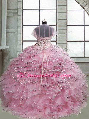 Baby Pink Little Girl Pageant Dress Spaghetti Straps Sleeveless Brush Train Lace Up