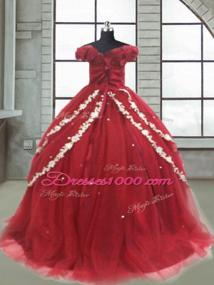 Lace Up Little Girl Pageant Dress Wine Red for Quinceanera and Wedding Party with Appliques Brush Train