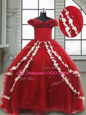 Lace Up Little Girl Pageant Dress Wine Red for Quinceanera and Wedding Party with Appliques Brush Train