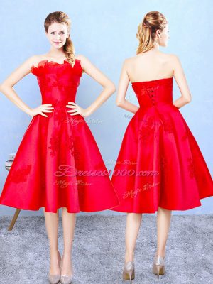Delicate Strapless Sleeveless Satin Damas Dress Appliques and Ruffles Lace Up