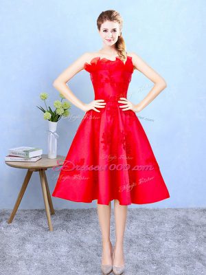 Delicate Strapless Sleeveless Satin Damas Dress Appliques and Ruffles Lace Up