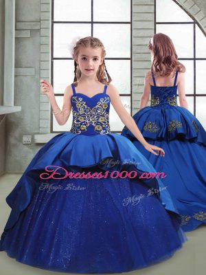Royal Blue Little Girl Pageant Gowns Taffeta and Tulle Brush Train Sleeveless Embroidery