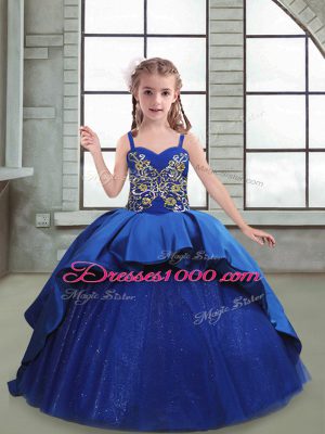 Royal Blue Little Girl Pageant Gowns Taffeta and Tulle Brush Train Sleeveless Embroidery