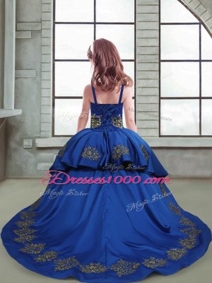 Royal Blue Little Girl Pageant Gowns Taffeta and Tulle Brush Train Sleeveless Embroidery