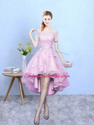 Custom Designed Rose Pink Tulle Lace Up Off The Shoulder Short Sleeves High Low Vestidos de Damas Lace