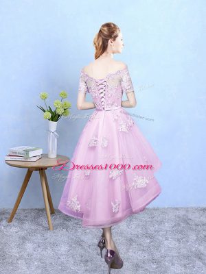 Custom Designed Rose Pink Tulle Lace Up Off The Shoulder Short Sleeves High Low Vestidos de Damas Lace