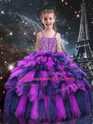 Sleeveless Floor Length Beading and Ruffles Lace Up Little Girls Pageant Dress with Eggplant Purple