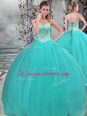 Glorious Floor Length Turquoise 15th Birthday Dress Tulle Sleeveless Beading