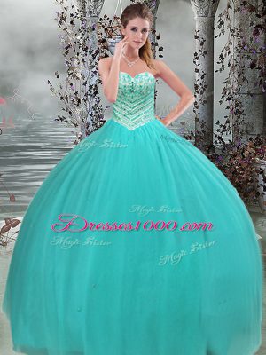Glorious Floor Length Turquoise 15th Birthday Dress Tulle Sleeveless Beading