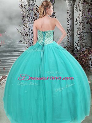Glorious Floor Length Turquoise 15th Birthday Dress Tulle Sleeveless Beading