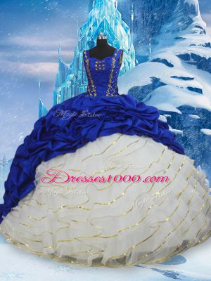 Hot Selling Blue And White Straps Lace Up Ruffled Layers and Pick Ups Ball Gown Prom Dress Brush Train Sleeveless