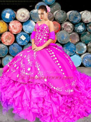 Flirting Sleeveless Organza Brush Train Lace Up Vestidos de Quinceanera in Fuchsia with Embroidery and Ruffles