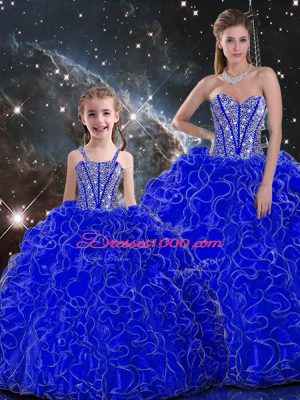 Royal Blue Lace Up Sweetheart Beading and Ruffles 15 Quinceanera Dress Organza Sleeveless