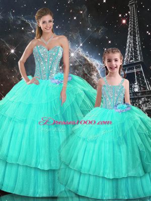Artistic Floor Length Lace Up Quinceanera Gown Turquoise for Military Ball and Sweet 16 and Quinceanera with Ruffled Layers