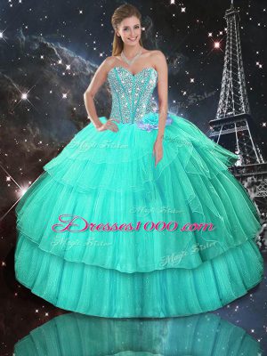 Artistic Floor Length Lace Up Quinceanera Gown Turquoise for Military Ball and Sweet 16 and Quinceanera with Ruffled Layers